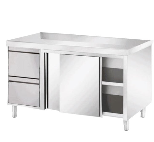 VM Europa Edelstahl Arbeitsschrank mit 2 Schubladen links, mit Zwischenboden - alle Größen montiert: 100 x 70 cm / ohne Aufkantung / fertig montiert Image