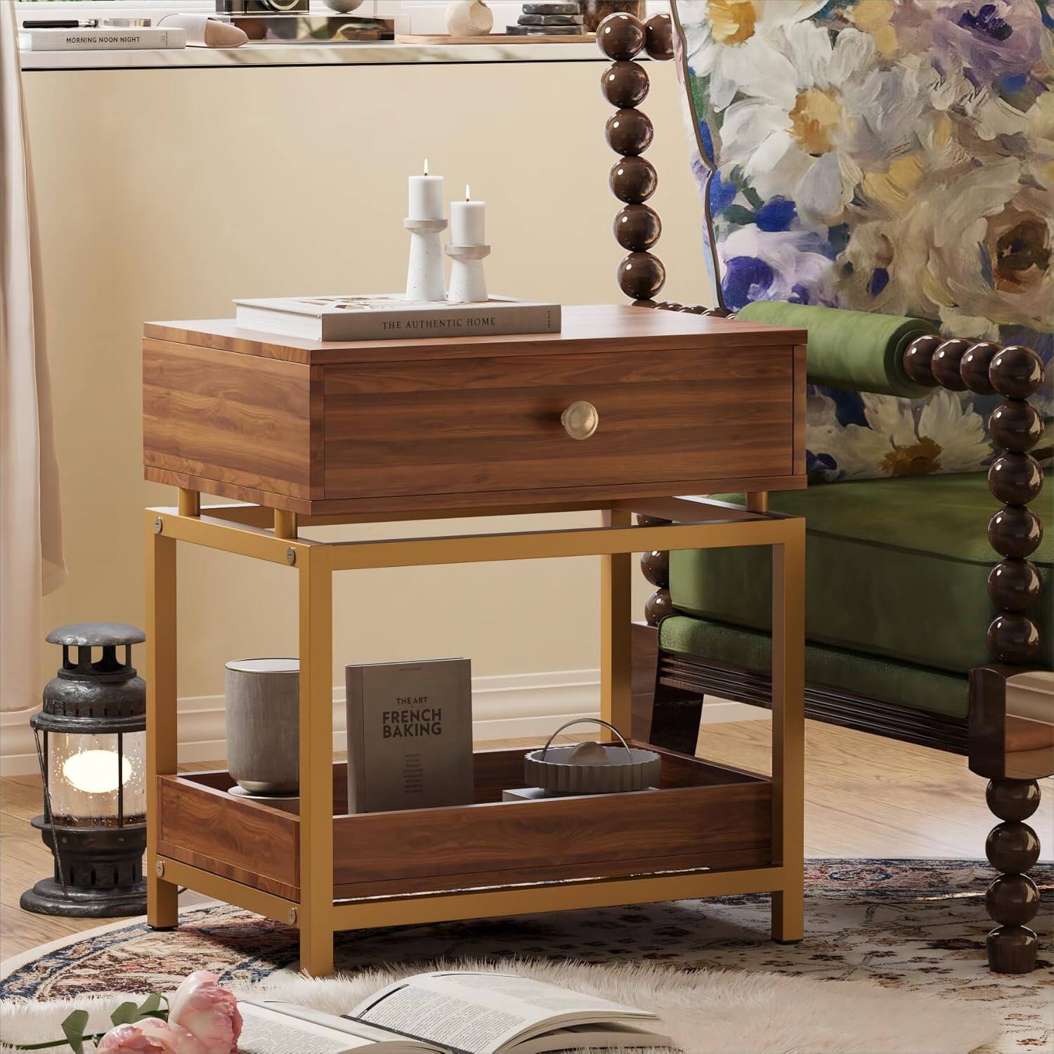 Modern 2-Tier End Table with Drawer and Open Shelf, Gold Metal Frame, Walnut Finish for Living Room or Bedroom