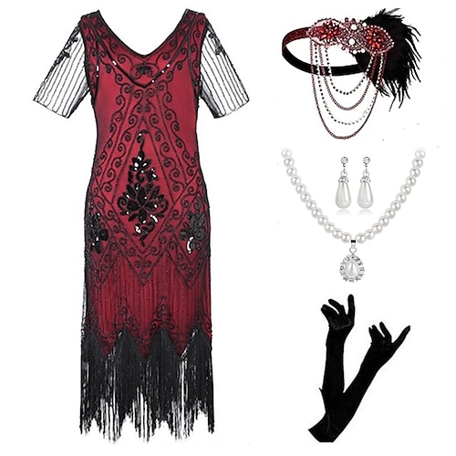 Retro Vintage Goldene Zwanziger 1920er Knielang Flapper Kleid Outfits Zubehörset Kurze Ärmel Der große Gatsby Hochzeitsgast Pailletten Quastenfransen Pailletten Quaste V Ausschnitt Kostüm Damen Image