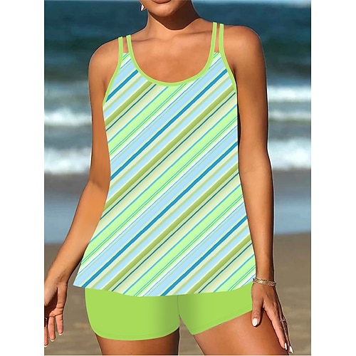 Woman's Tankini 2-teiliger Badeanzug Shorts Bauchkontrolle Hohe Taille Slim Rückenfrei Urlaub Strandbekleidung Paisley-Streifen U-Ausschnitt Ärmlos Badeanzüge Image