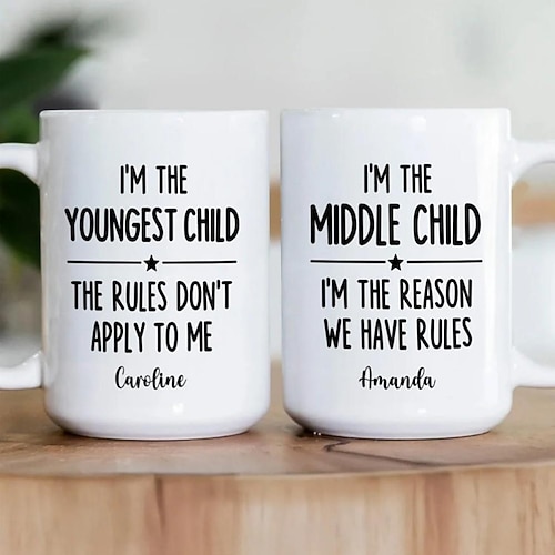 Personalisierte Geschenktasse für das mittlere Kind, individueller Name, Keramik-Kaffeebecher, wer die Regeln macht, 325 ml, weiß, Geburtstag, Weihnachten, Familienhumor Image