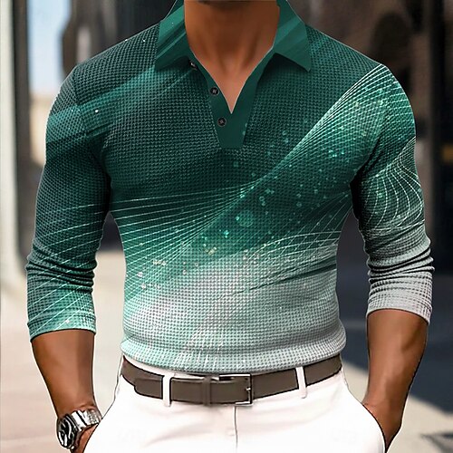 Herren Abstrakt Geometrisch Waffel-Poloshirts Langarm Polo-Shirts Hemden mit Kragen Business-Casual Geschäft Büro-Outfit Alltagskleidung Knöpfe Frühling Herbst Winter Blau Rote Grün Image