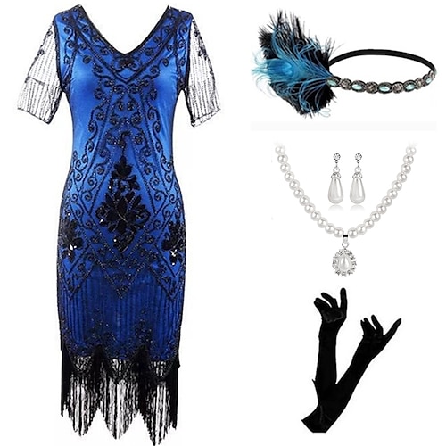 Goldene Zwanziger 1920er Knielang Flapper Kleid Outfits Zubehörset Kurze Ärmel Der große Gatsby Hochzeitsgast Pailletten Quastenfransen Pailletten Quaste V Ausschnitt Kostüm Damen Karneval Maskerade Image