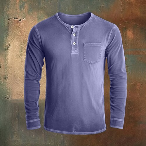Herren Henley Hemd Hemd aus 100 % Baumwolle in Säurewaschung T-Shirt Langarm Vintage Einheitliche Farbe Retro Vintage Lässig Henley Vintage-Stil Gewaschen Henley Lässig Frühling Herbst Ganzjahres Image