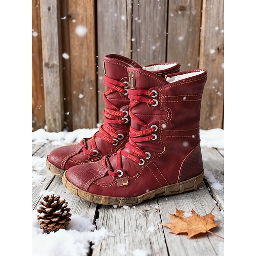 Rote Damen-Winterstiefel aus Leder mit verbesserter Traktion – mittelhohe All-Terrain-Stiefel für Outdoor-Abenteuer, Wandern und Wintersport Image