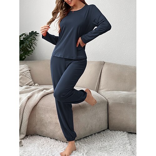 Damen Schlafanzug Set Lässig Komfort Einfarbig Elastischer Bund T Shirt Hose Heim Täglich Langarm Rundhalsausschnitt Schwarz Marineblau Fuchsie Grün Frühling Herbst Winter Normale Passform Image