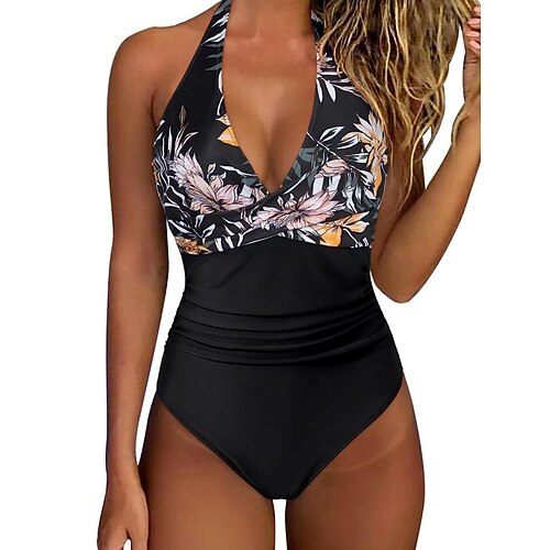 Frauen Einteiler Badeanzug Raffung Leopard Monokini Bauch Kontrolle Hohe Taille Slim Rückenfrei Urlaub Strandbekleidung Blumen Halterhals Ohne Ärmel Badeanzüge Image