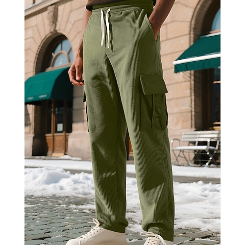 Herren Cargo-Jogginghose Jogginghose Hose Cordhose Kordelzug Tasche Elastischer Bund Einfach Komfort Sport im Freien Täglich Mode Lässig Armeegrün Schwarz Mikroelastisch Image