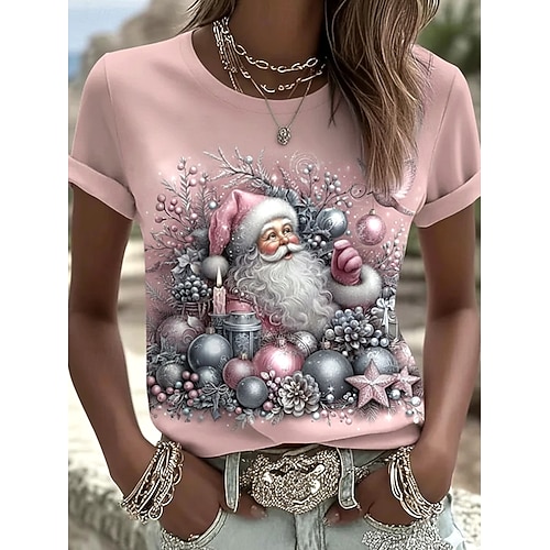 Weihnachten Damen T Shirt Druck Grafik Weihnachten Vintage Stilvoll Klassisch Kurzarm Rundhalsausschnitt Rundhals Normale Oberteile Täglich Blau Schwarz Weiß Rosa Rote Sommer Frühling Herbst Winter Image