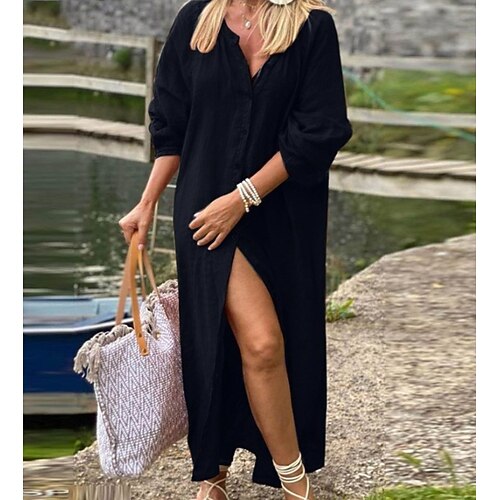 Damen Maxikleid Sommerkleid Lässig Boho Täglich Ferien Einfach Langarm Rundhalsausschnitt Schwarz Marineblau Orange Grün Sommer Image