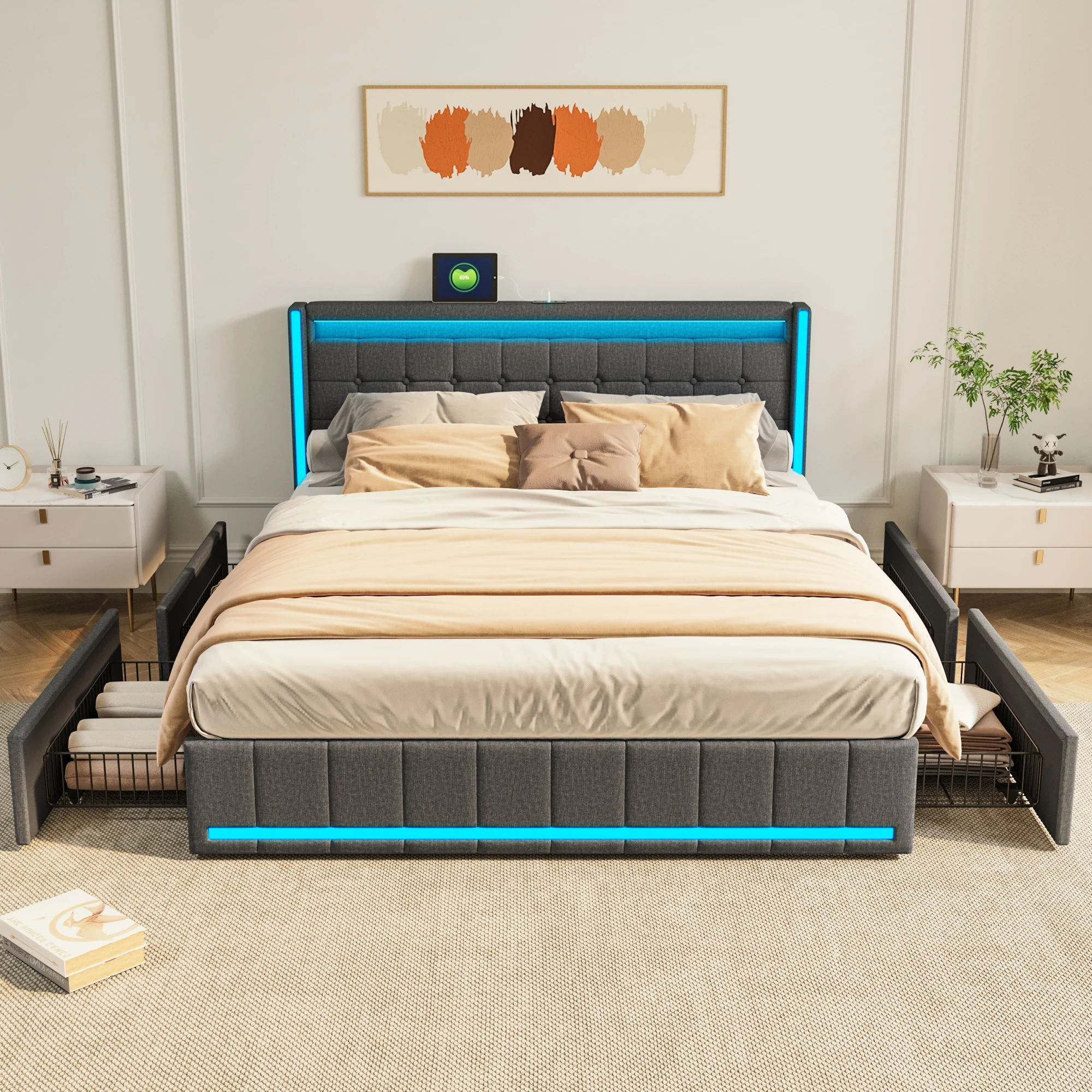 Fangang Polsterbett 140 x 200 cm Doppelbett mit LED-Beleuchtung und USB, Bettrahmen mit Lattenrost, Stauraumbett für Zimmer, Grau, Leinen Image