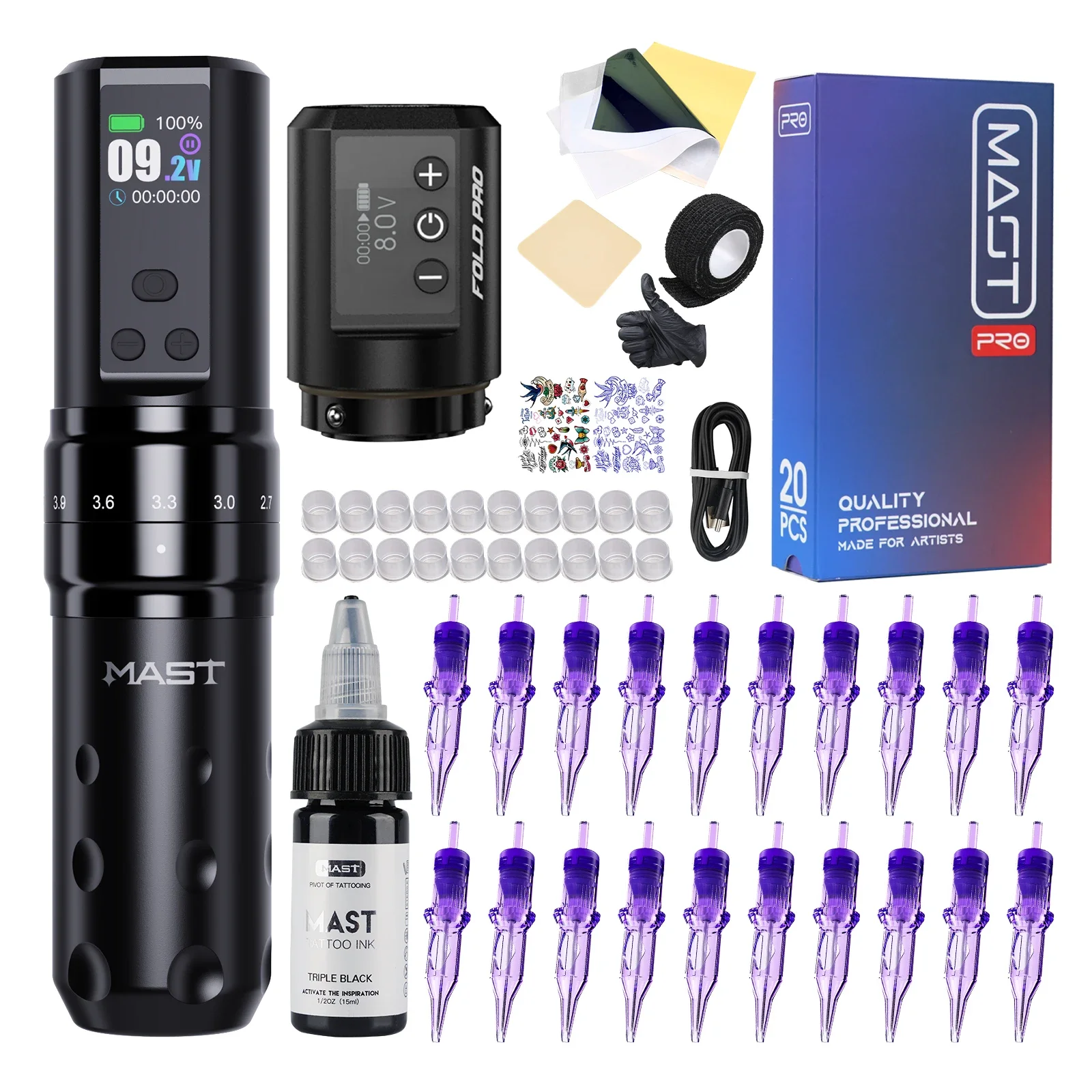 Mast Tattoo Fold2 Pro Tattoo Gun Kit Komplettes Tattoo-Maschinen-Set 2000 mAh Batterieversorgung Mcore-C1 Motor Echte 7-Takt-Länge Image