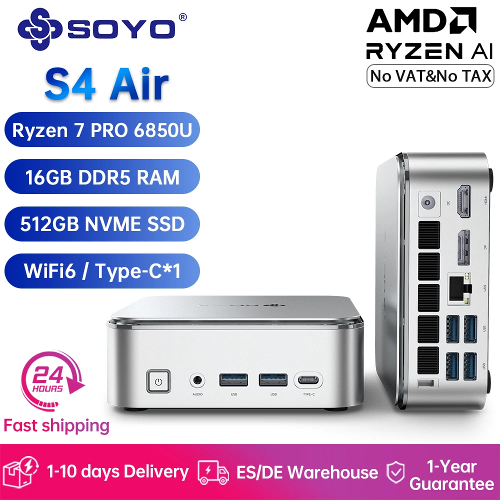 SOYO S4 Air Mini PC Gaming Computer AMD R7-6850U CPU 16 GB DDR5 512 GB SSD NVME PCIE3.0 Window 11 Pro WiFi6/BT5.2 Mini-Computer Image