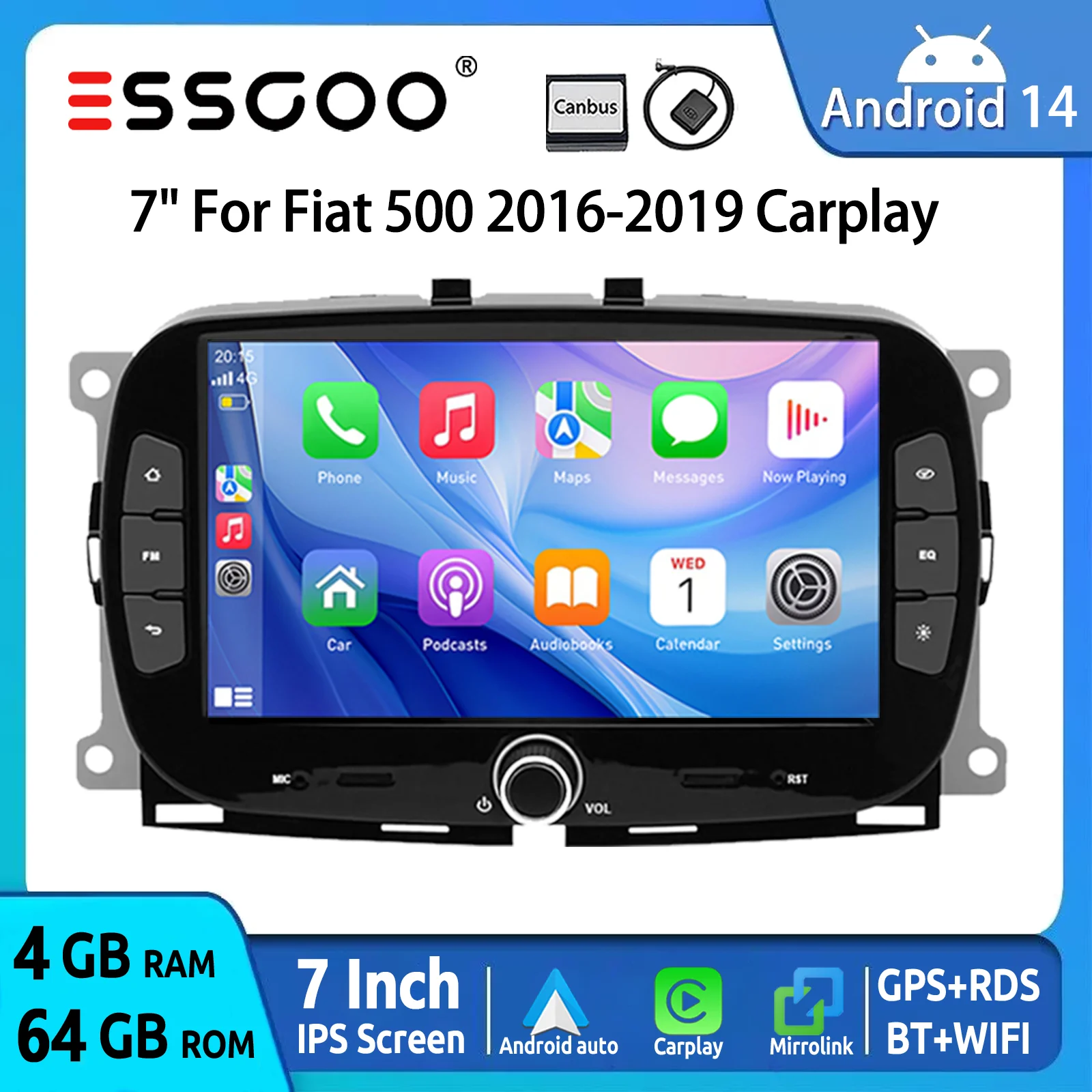 ESSGOO 7 "Android 14 64G Auto Stereo Für FIAT 500 2016-19 Drahtlose CarPlay Android Auto GPS Navi BT FM WIFI SWC RDS Spiegel Link Image