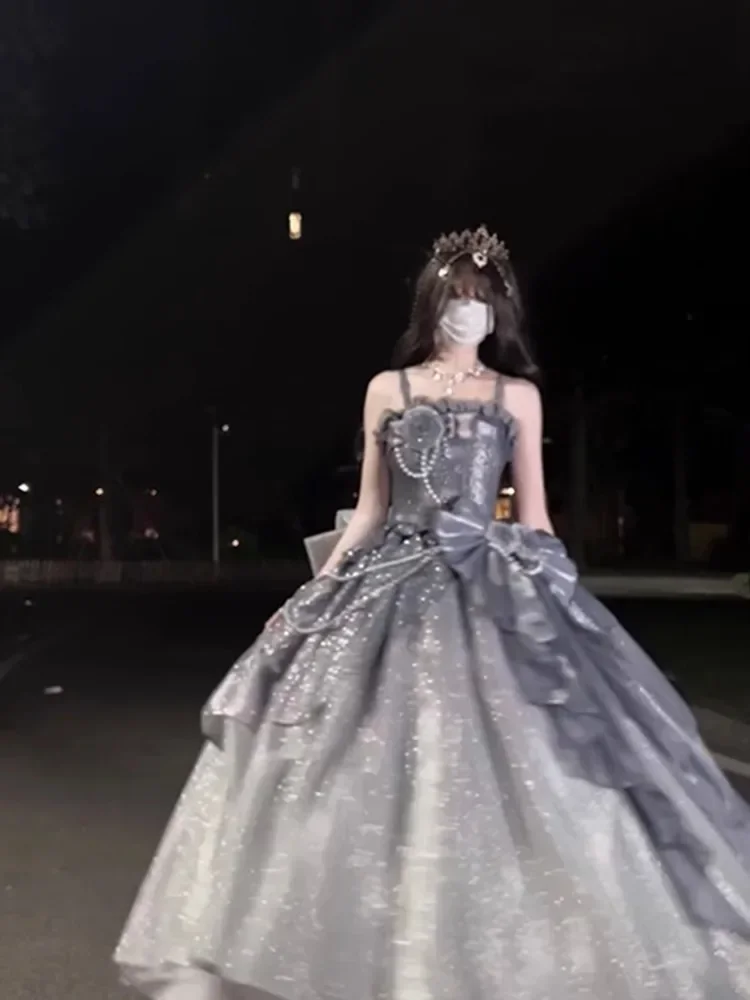 25New Silber Grau Blume Hochzeit Abendkleid Fee Temperament Geburtstag Party Tanz süße schöne elegante Lolita Prinzessin Kleid