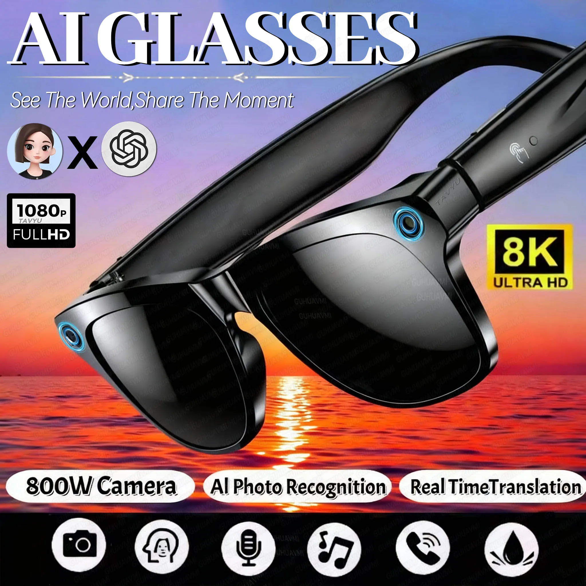 Tavyu Smart Brille HD 8K Photochrome Linse Bluetooth Anruf WIFI Übertragung Musik Übersetzung Video Aufnahme Kamera Gläser Männer Image