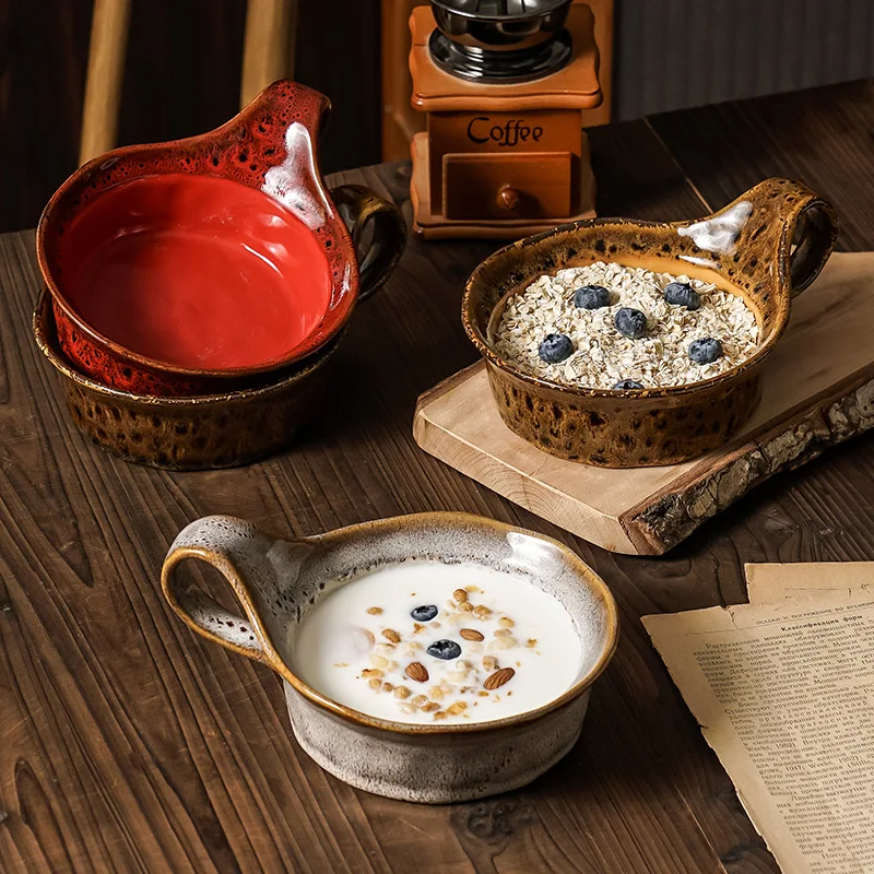 Vintage Underglaze Color Binaural Salad Bowl Household Dessert Leopard Print Kiln Change Japanese Breakfast Yogurt Cup Ceramic