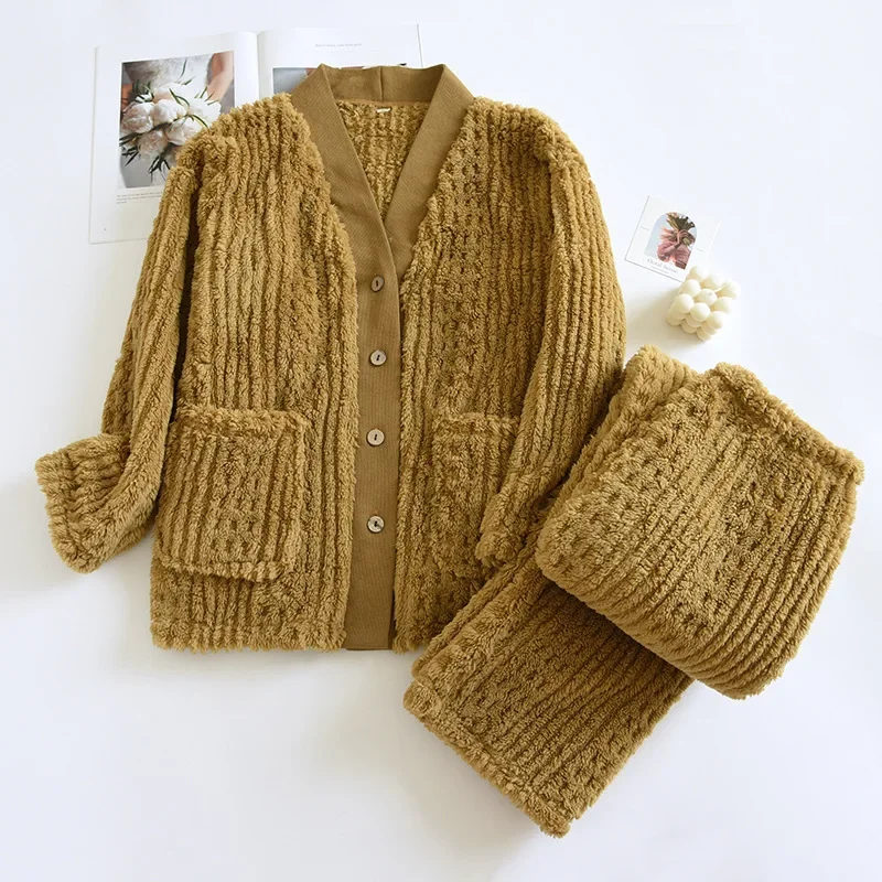 Pyjama en flanelle pour femme, pantalon à manches longues, deux pièces, épais, chaud, mignon, doux, ample, ensemble de service à domicile, nouvelle collection automne et hiver