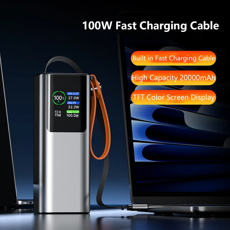 100W Schnelllade-Powerbank 20000mAh mit 70CM USB-C-Kabel Tragbares Ladegerät Externer Akku für Laptop iPhone Samsung Xiaomi Image