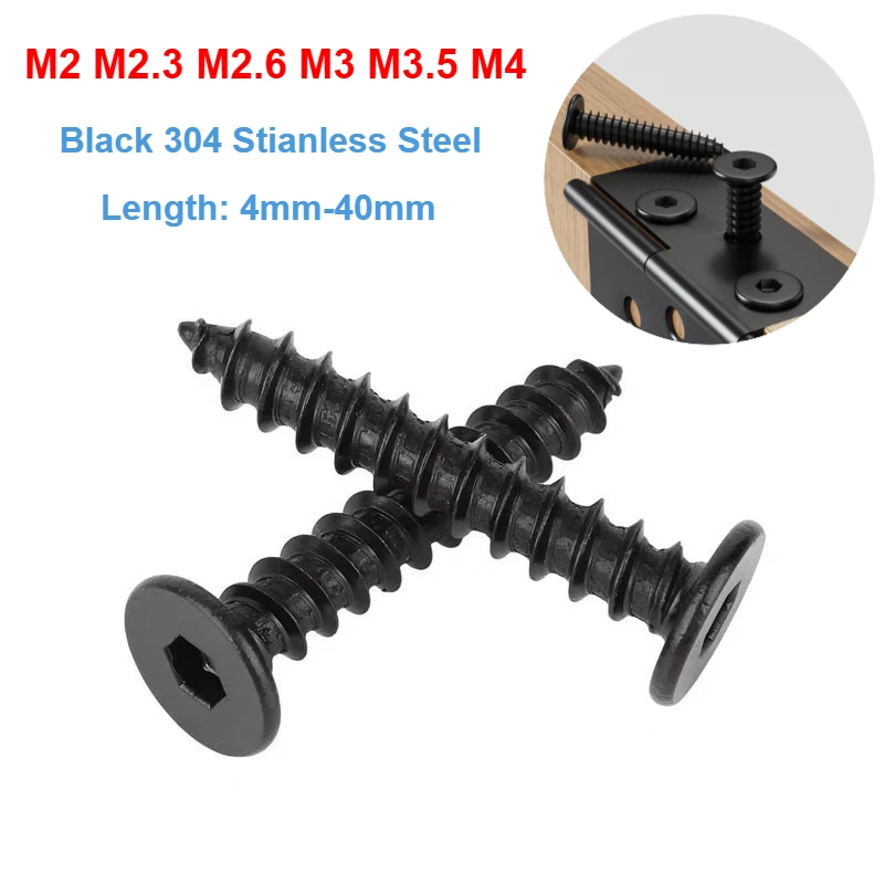 20–200 Stück M2-M4 schwarzer 304-Edelstahl, super ultradünne Innensechskant-Flachkopfschraube, selbstschneidende Holzschrauben, 4–40 mm Image