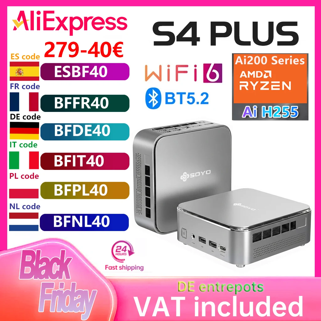 SOYO NcuBox S4 PLUS MINI PC Ryzen 7 H255 DDR5 5600Mhz (Upt 64GB) PCIe3.0 Nvme SSD WIFI6 BT5.2 8K HD Mini PC bricolage ordinateur de jeu