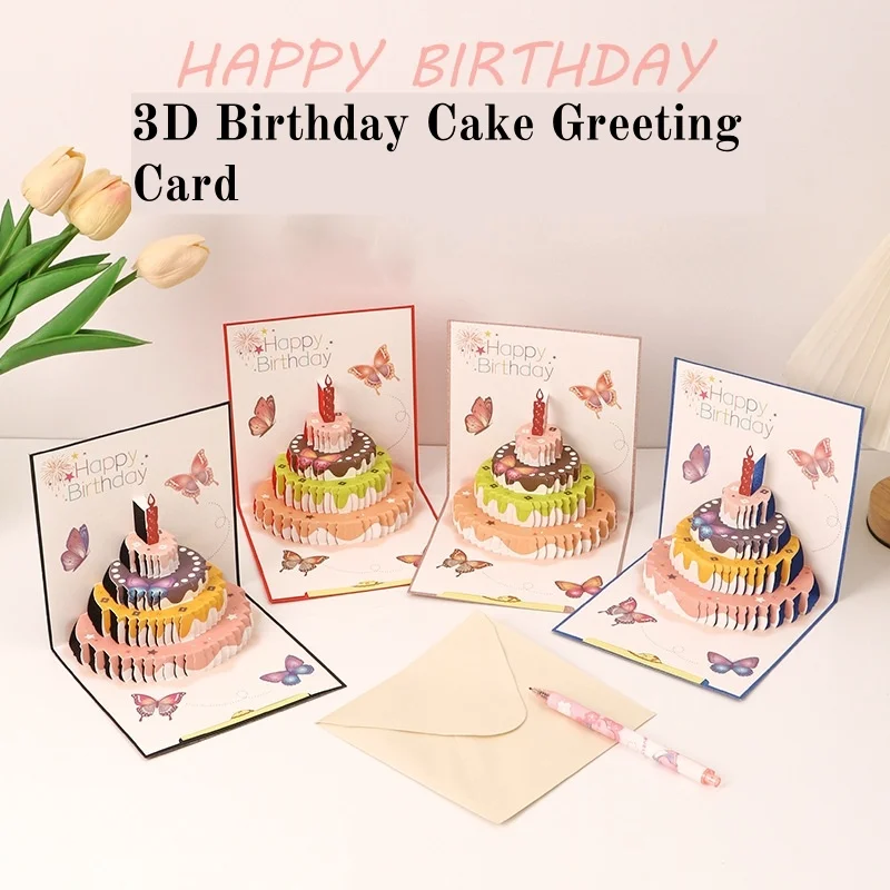 Bunte handgefertigte 3D-Geburtstagsgrußkarte mit Schmetterlingskuchen-Design – faltbare ausziehbare Innenkarte für individuelle Wünsche! Image
