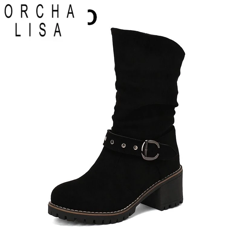 ORCHA LISA Flock Wildleder Damen-Stiefel mit mittlerer Wade, runde Zehen, Blockabsätze, 6,5 cm, Slip-On-Gürtelschnalle, große Größe 43 44 45, eleganter Alltags-Bot