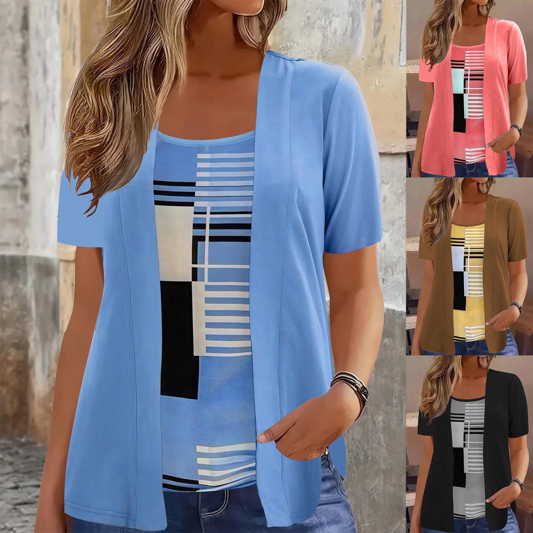 Neue 2025 T Shirts Frauen Gefälschte Zwei Stück Elegante Patchwork Plus Größe Shirts Sommer Casual Print Kurzarm Damen Lose Tops 5XL