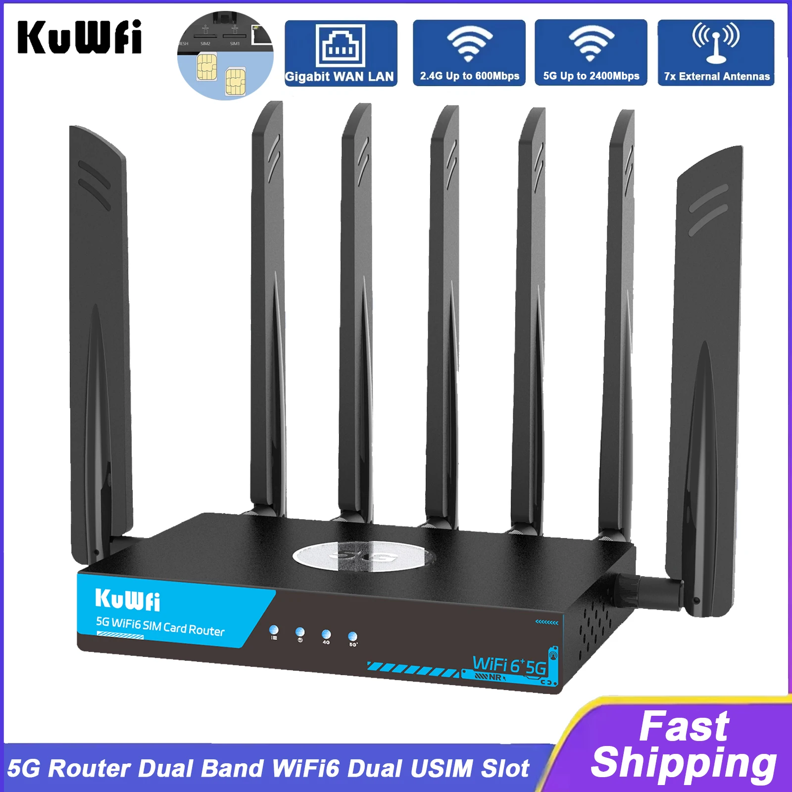 KuWFi 5G Router AX3000 2,4 GHz 5 GHz Dualband-WLAN-Router 5G-Modem Gigabit WAN LAN-Ethernet-Port Dual-USIM-Steckplatz unterstützt 128 Benutzer Image