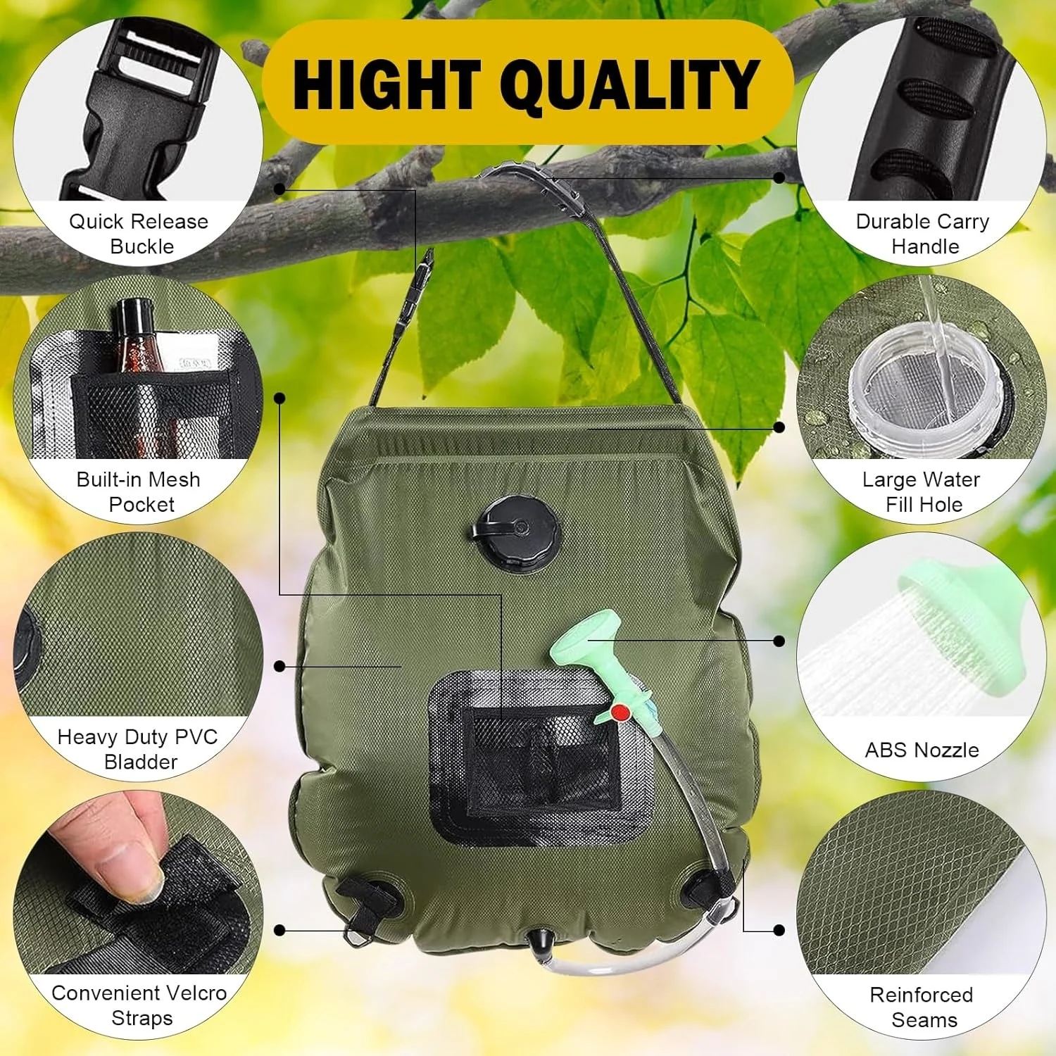 20L Solar-Duschtasche für Camping – Solarheizung, tragbare Dusche mit abnehmbarem Schlauch und umschaltbarem Duschkopf – Strand, Wandern usw