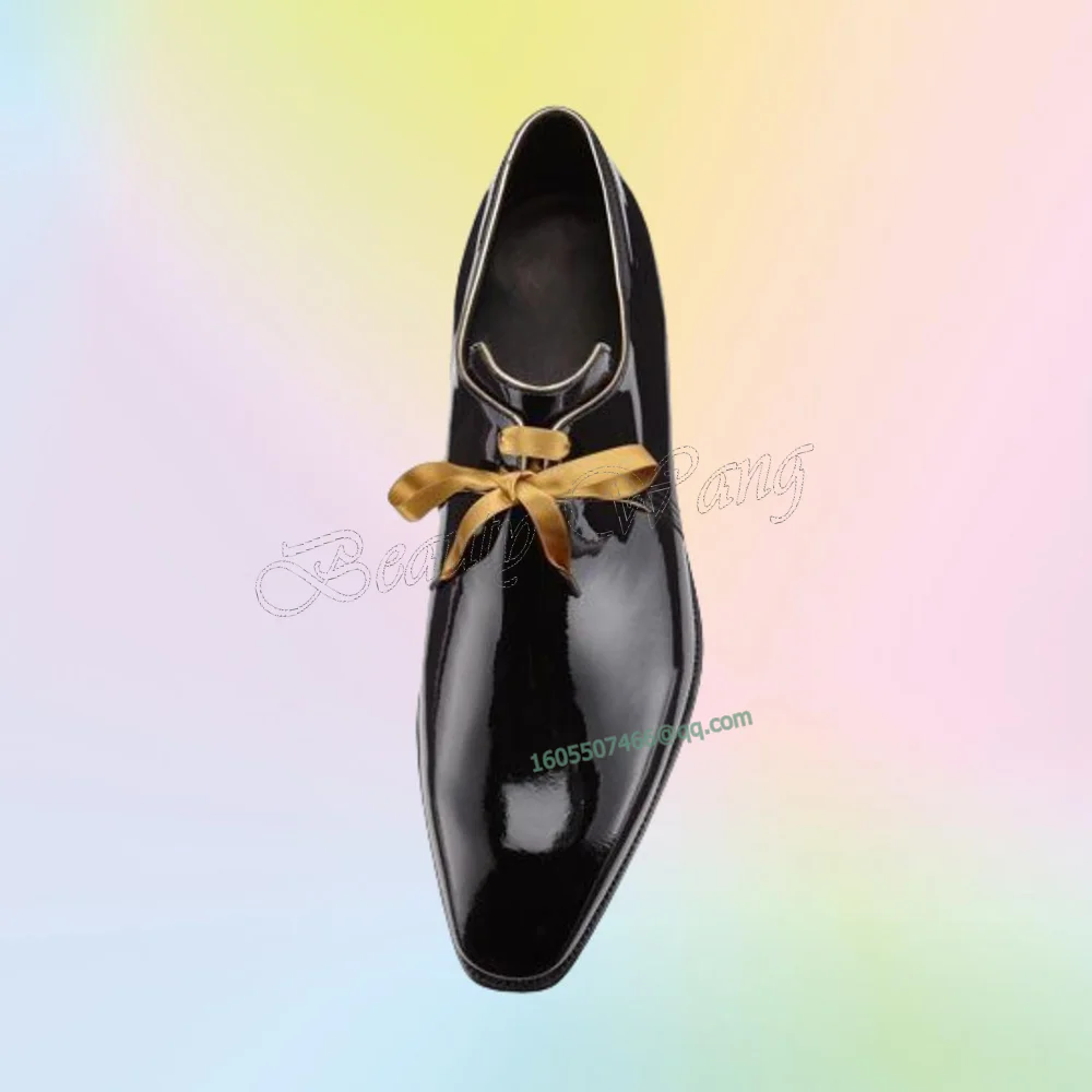 Schwarzes Lackleder, gelbe Schleife, Knoten-Pumps, Herrenschuhe, gebundenes Dekor, Herren-Kleiderschuhe, Herren-Slipper, Party-Schuhe, große Größe 47, Frühling, Herbst
