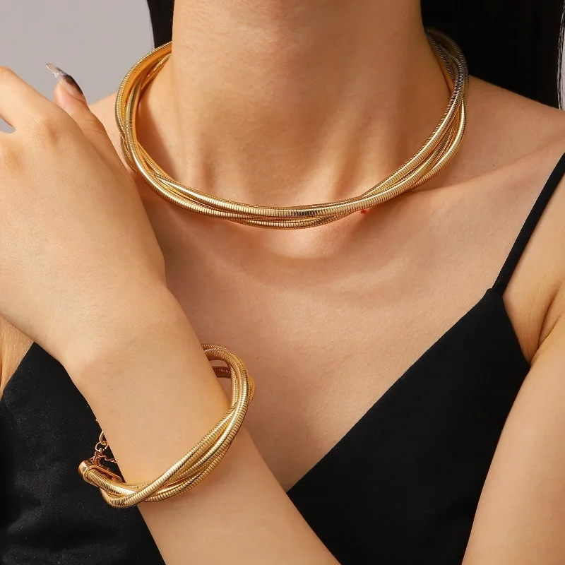 Schlangenkette Schmuckset, mehrschichtiges Halsband Halskette Armband Punk Geometrisch Gold Silber Farbe Metall Punk Hip Hop Schmuckset