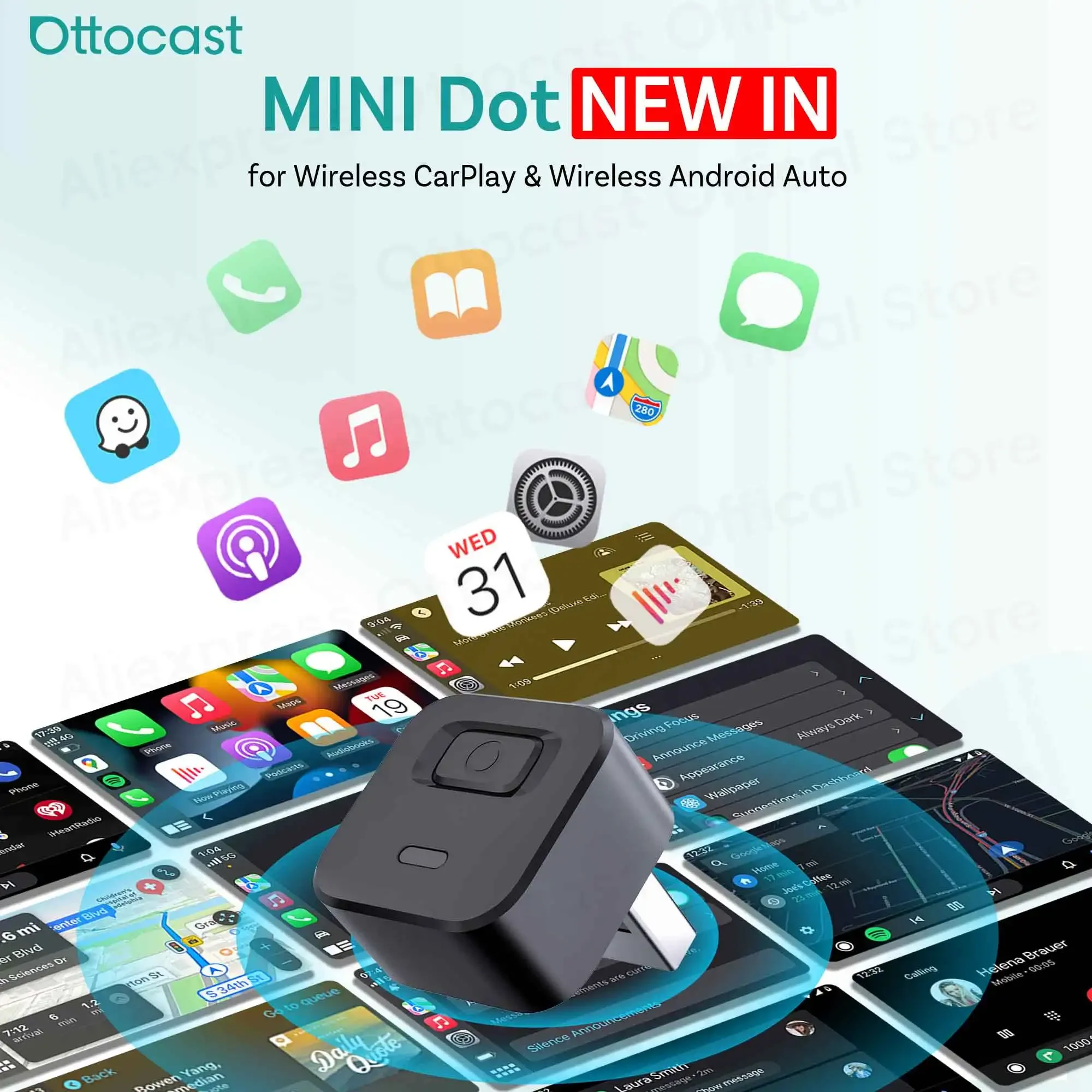OTTOCAST Mini Dot Cube Wireless CarPlay Android Auto Adapter USB Dongle Auto Zubehör für Chevrolet Toyota VW Buick Chery MG Image