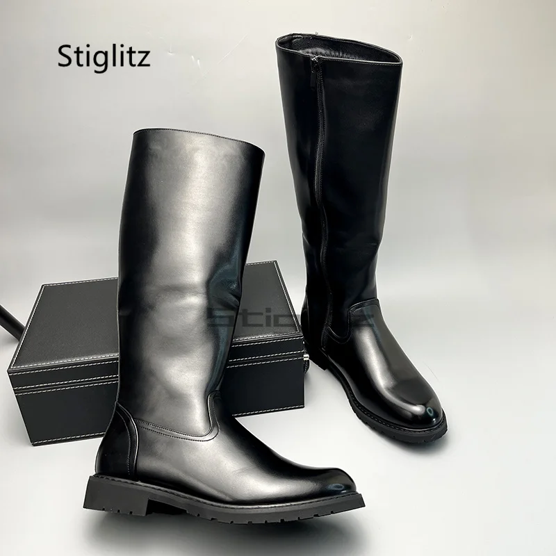 Schwarze Leder-Reitstiefel für Herren, Herbst und Winter, warme kniehohe Stiefel für Herren, seitlicher Reißverschluss, lange Ritterstiefel, vielseitige Herrenschuhe