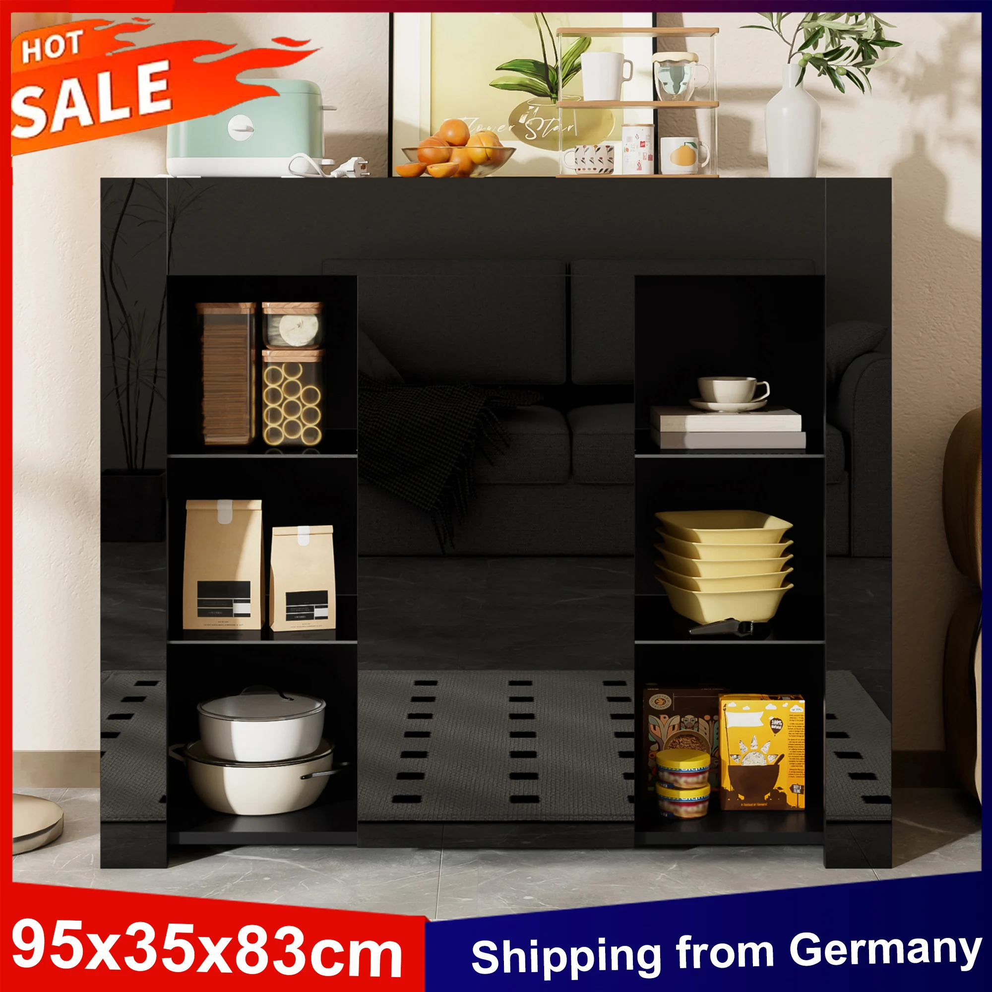 Anajqaqia Buffetschrank 95 x 35 x 83 cm, modernes Hochglanz-Sideboard mit Glasregal und Schranktür für Wohnzimmer, Esszimmer, Schwarz