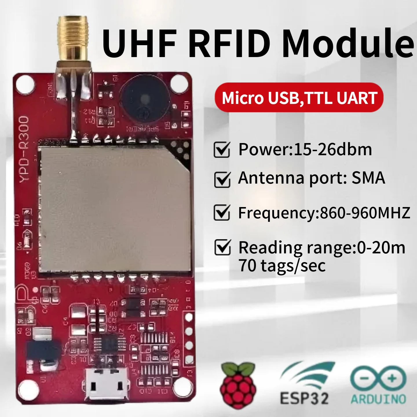 R300 UHF-RFID-Lesemodul für ESP32 Raspberry Pi Arduino TTL UART Zugangskontrolle 0-9 dBi Langstreckenantenne Kostenloses SDK im Lieferumfang enthalten Image