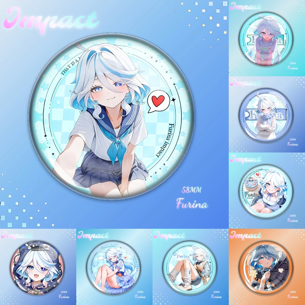 58mm Spiel Genshin Impact Furina de Fontaine Focalors Hydro Archon Cosplay KOSTÜM Abzeichen Pin SPTE Weißblech Brosche Prop Weihnachten geschenk Image