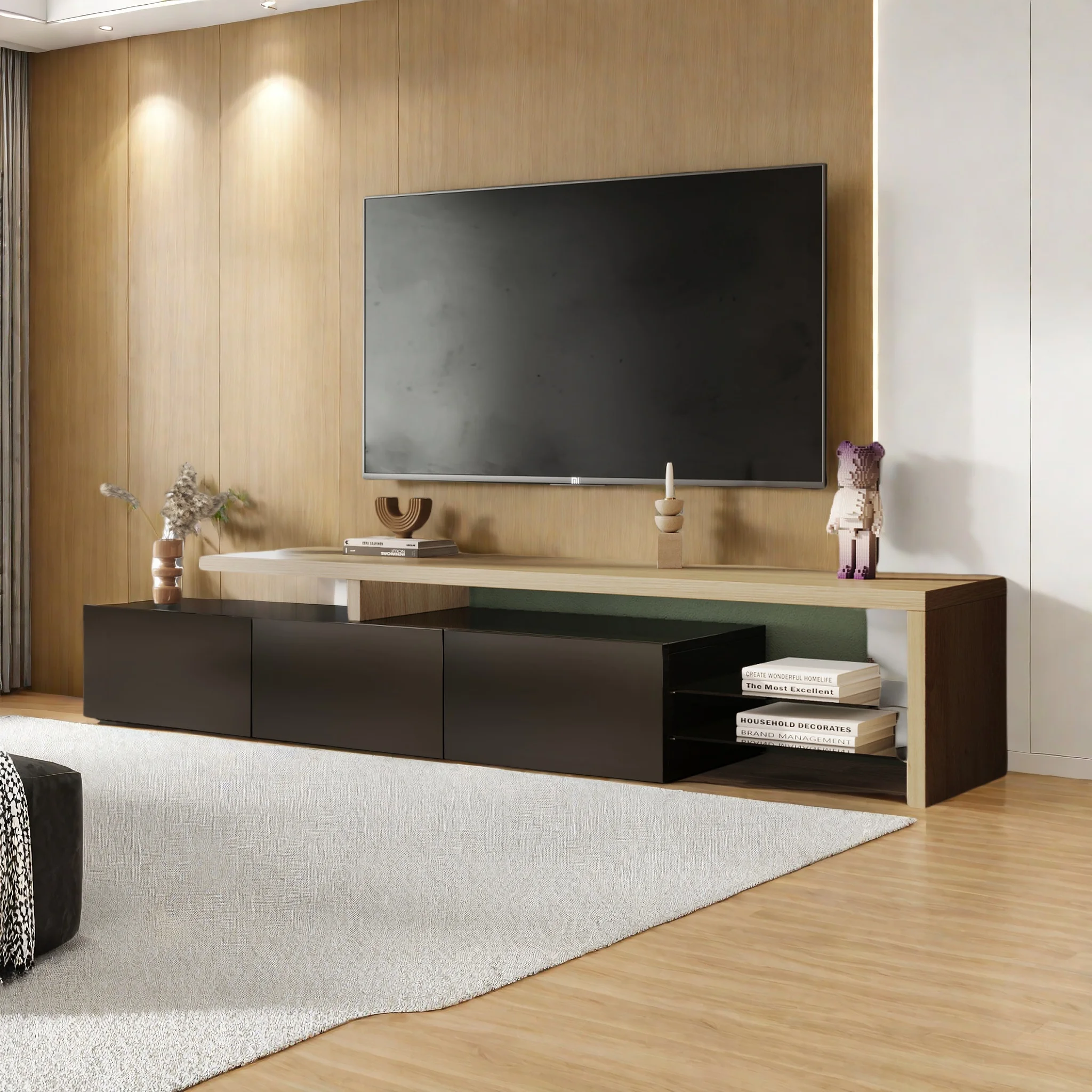 Rosahqnda TV-Schrank, LED-TV-Schrank im asymmetrischen Design mit LED-Beleuchtung, 200 cm Stauraum, hochglänzende Farbe, Glasregale Image