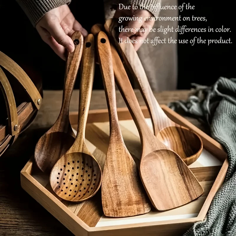 Ensemble d'ustensiles de cuisine en bois de teck naturel, cuillères, spatules, louches, ustensiles de cuisine antiadhésifs, outils de cuisine sûrs pour la cuisine domestique 5 pièces