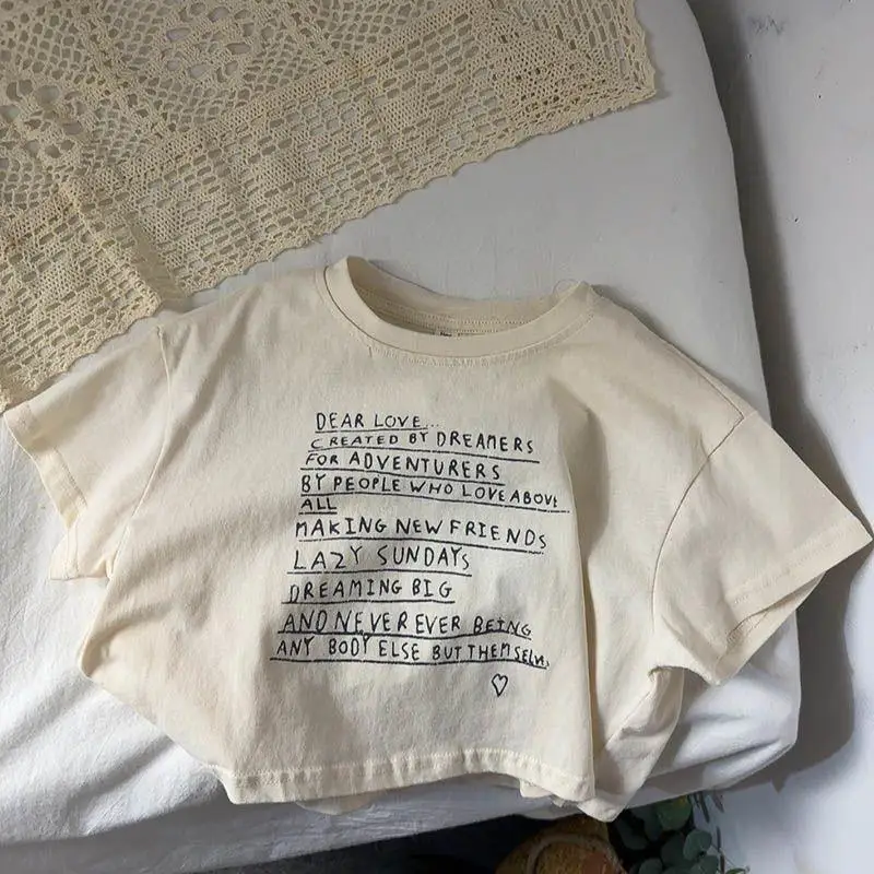 2025 sommer Kinder Junge Mädchen Lose Kurzen Ärmeln T-Shirt Baby Brief Drucken Mode Baumwolle Tees Kind Casual Tops Kleinkind T Shirts