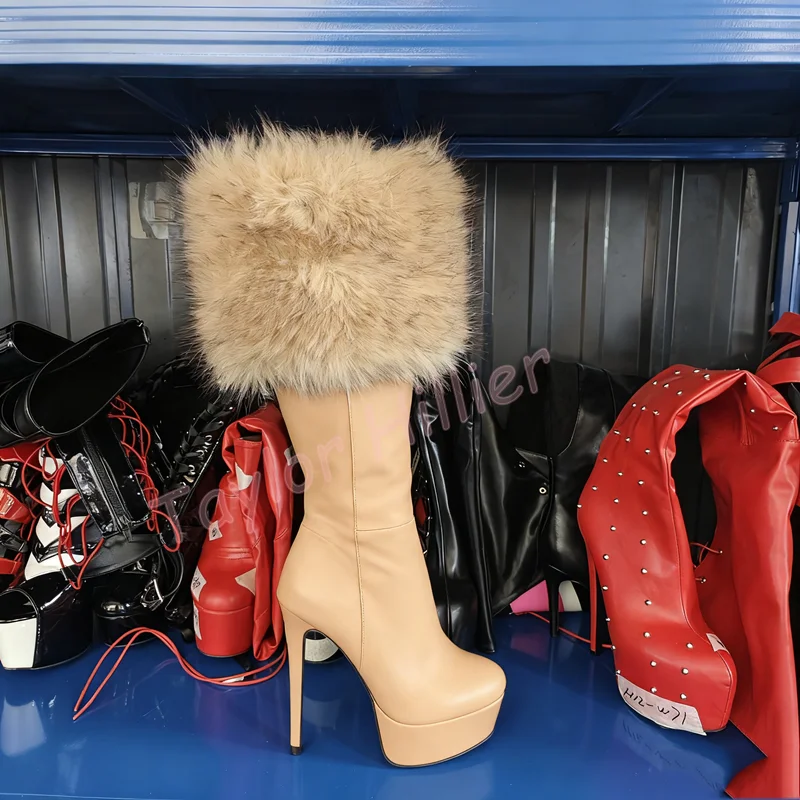 Winter-Plateauschuhe aus Aprikosenfell, runde Zehen, Stiletto-Absätze, seitlicher Reißverschluss, kniehohe Stiefel, elegante Party, edle Ritterstiefel, Größe 46