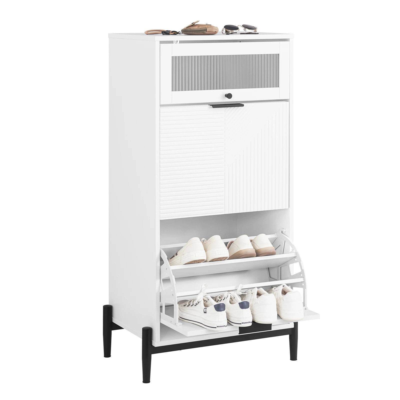 SoBuy FSB95-W Schuhkipper mit 2 Klappen Schuhablage Schuhschrank schmal Schuhregal mit 4 Ablageflächen Schuhkommode Weiß 59x115x