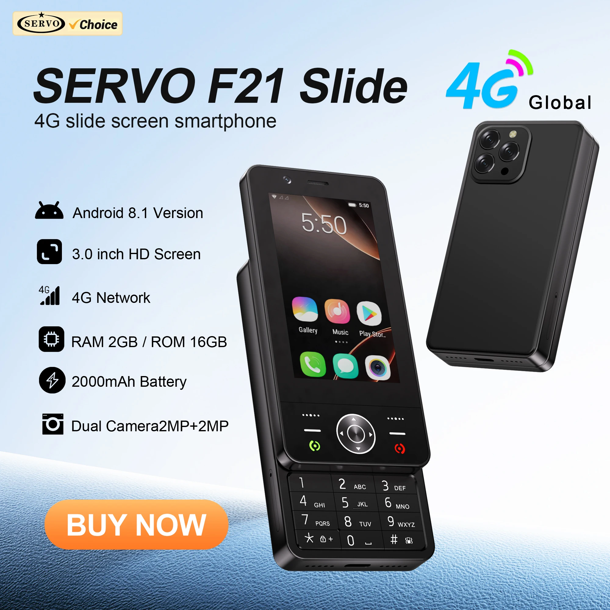 SERVO F21 SLIDE 4G LTE-Taste Smartphone Android-System 2 GB + 16 GB Google Play WiFi FM 3,0 Zoll Touchscreen Smartphone 2 SIM Standby