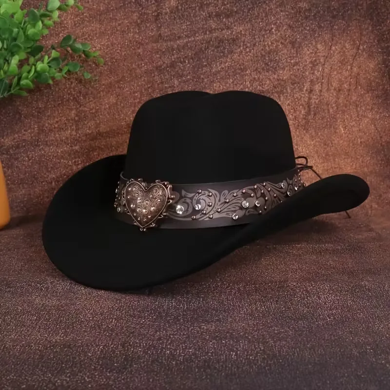 HongLuan Cowboyhüte aus schwarzem Filz mit Herzgürtel für Damen, Halloween-Cowboyhut für Damen, für Cowgirl-Kostüm, Cowboy-Accessoires für Herren Image