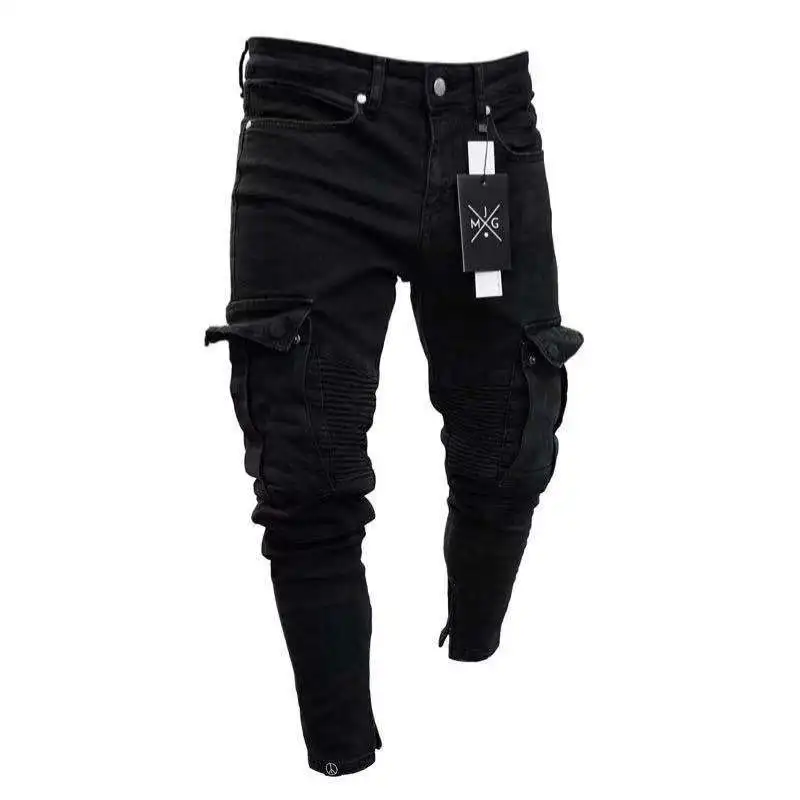 Männer Slim Biker Zerrissene Lange Denim Hosen Skinny Jeans Tasche Junge Mann Jogging Hosen ​ Zerstörte dehnbare schwarze Hose Image