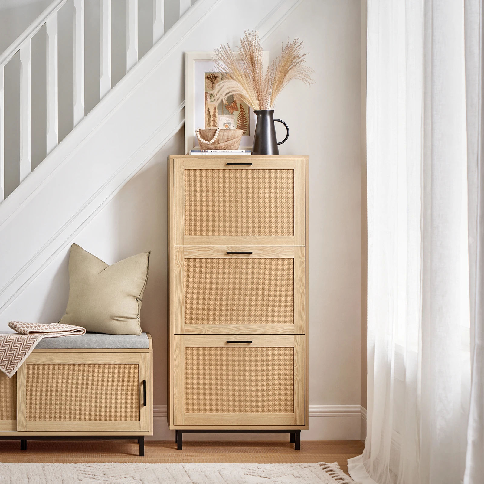 SoBuy FSR155-N Schuhkipper mit 3 Klappen Schuhschrank schmal Schuhregal mit 6 Ablageflächen Schuhkommode Schuhablage Natur