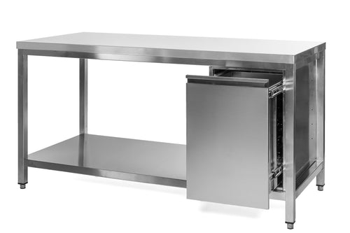 VM Europa Edelstahl Arbeitstisch mit Grundboden, Abfallbehälter rechts, Premium - alle Größen montiert: 180 x 60 cm / mit Aufkantung / fertig montiert Image