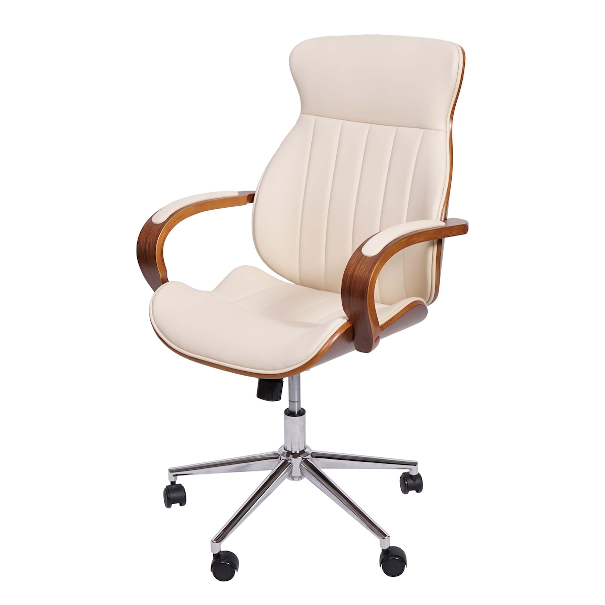 PROREGAL Bürostuhl | HxBxT 109x63x64 cm | Sitzhöhe 46cm | Bugholz Walnuss-Optik Kunstleder | Creme | Schreibtischstuhl Drehstuhl Chefsessel Image