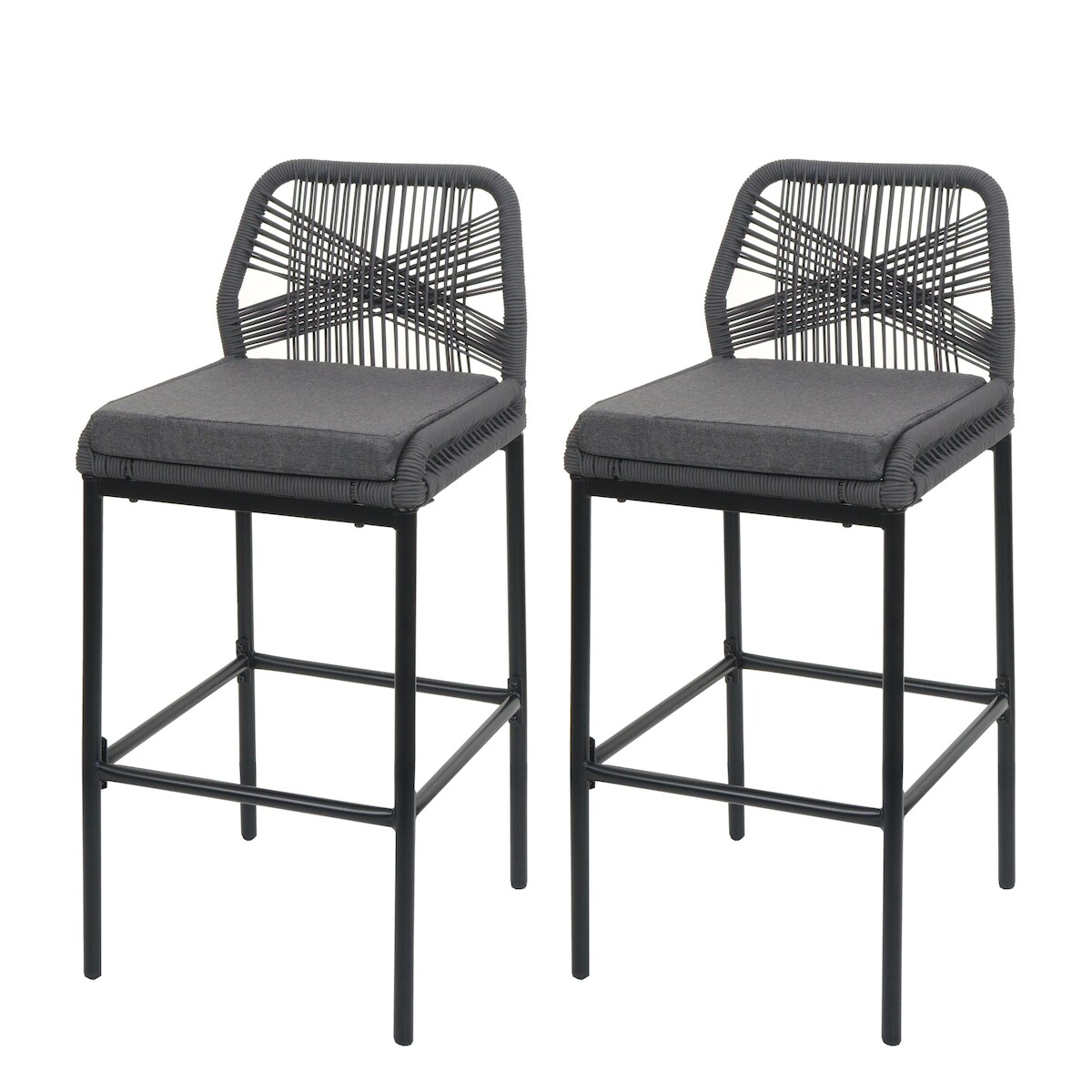 PROREGAL 2er-Set Rope-Barhocker | HxBxT 101x45x52 cm | Sitzhöhe 76cm | Anthrazit | Kissen Dunkelgrau | Outdoor Sitzpolster Seilgeflecht Metall Image