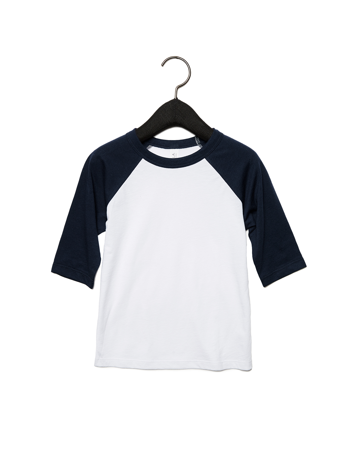 Bella + Canvas 3200T Toddler Three-Quarter Sleeve Baseball Top in White/Navy Blue size 2T | Cotton/Polyester Blend B3200T
